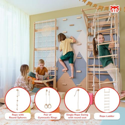 Wood And Hearts 8in1 Modular Swedish Wall Gym Set for Kids Indoor Active Play – Adjustable Pull-Up Bar, Rock Climbing Wall, Rope Accessories & Decorative Panels (Base Set+Rope Accessories+Sit-Up Bar) - style: Base Set + Rope Accessories + Sit-Up Bar