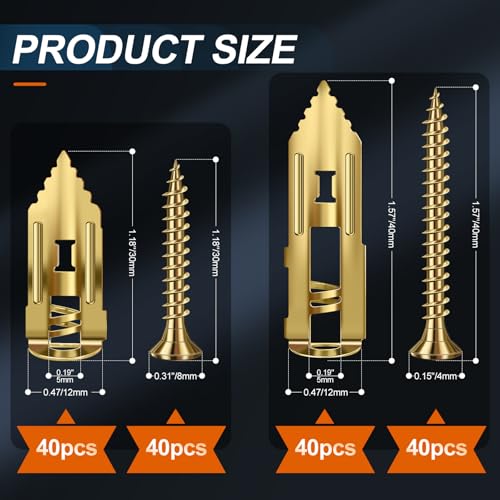 160 Pcs Self Drilling Drywall Anchors with Screws, 2Sizes 80 Sheetrock Anchors & 80 Zinc Expansion Screws, for Picture Frames, Shelves, TV, Zinc Plated Steel, No Drill Needed
