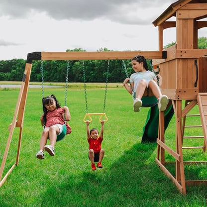 Backyard Discovery Sterling Point Cedar Wood Swing Set with Wave Slide, Raised Clubhouse, Wooden Bridge, Rock Wall, Belt Swings, Web Swing, Trapeze, Balcony, Climbing Wall, Ladder, Outdoor Playset - color: Green Slide, style: Cedar