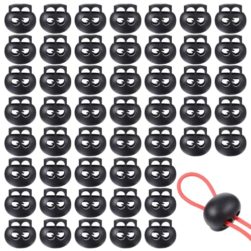 Jeffdad 50pcs Black Spring Cord Locks for Drawstrings, Plastic Cord Lock Double Hole Round Ball Drawstring Cords Lock for Drawstring Shoelaces Clothing Bags