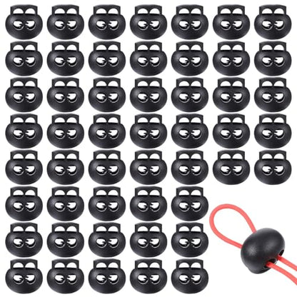 Jeffdad 50pcs Black Spring Cord Locks for Drawstrings, Plastic Cord Lock Double Hole Round Ball Drawstring Cords Lock for Drawstring Shoelaces Clothing Bags