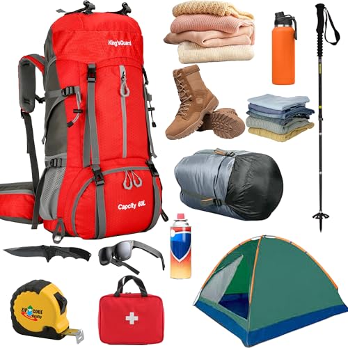 60L Hiking Backpack, Waterproof Camping Backpacking Backpack for Men Outdoor Traveling Climbing Daypack with Rain Cover (Red) - color: Red
