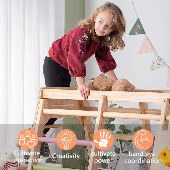 Avenlur Magnolia Indoor Playground 7-in-1 Jungle Gym Playset for Kids 2-6yrs - Slide, Climbing Wall, Rope Wall Climber, Monkey Bars, Swing - Waldorf and Montessori Style Wooden Climb Set. USA Company. | Wooden Montessori play gym, indoor playground ages 2