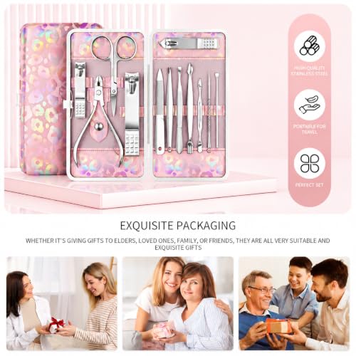 Nail Clippers Kit Manicure Pedicure Set with Holographic Case(Pink) | 12-Piece Set with Thicker Steel, Precision-ground Cutting Edges, and Smooth-finished Tools for Clean, Precise Trimming. - color: Pink