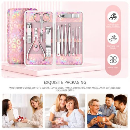 Nail Clippers Kit Manicure Pedicure Set with Holographic Case(Pink) | 12-Piece Set with Thicker Steel, Precision-ground Cutting Edges, and Smooth-finished Tools for Clean, Precise Trimming. - color: Pink
