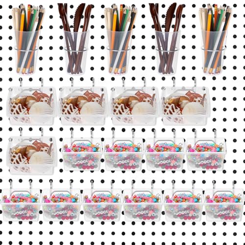 Lemecima 20 Pcs Pegboard Bins and Cups with Hooks and Loops Peg Assortment Organizer Accessories Various Tool Organizer Pegboard Baskets Set for Garage Workshop Workbench Office(Clear)