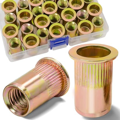 1/2''-13 UNC Rivet Nut, 19Pcs Zinc Plated Finish Carbon Steel Flat Head Threaded Insert Nutsert Kit - color: Yellow, size: SAE 1/2"-13 - 19 Pcs