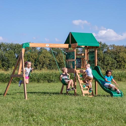 Backyard Discovery Buckley Hill Cedar Wood Swing Set with Wave Slide, Play Deck, Rock Wall Ladder, Belt Swings, Chalkboard, Canopy Roof, Outdoor Playset - color: Green
