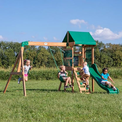 Backyard Discovery Buckley Hill Cedar Wood Swing Set with Wave Slide, Play Deck, Rock Wall Ladder, Belt Swings, Chalkboard, Canopy Roof, Outdoor Playset - color: Green