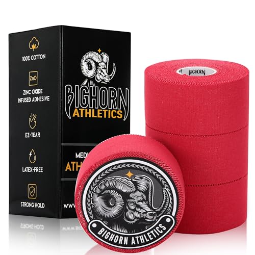 Bighorn Athletics Sports Tape 1.5-Inch x 45-Feet, 4 Rolls, Red | Supports wrists & ankles in Volleyball, Football, Boxing, Gymnastics. EZ tear tape, Zinc oxide adhesive, peels off clean. - color: Red, size: 1.5-Inch