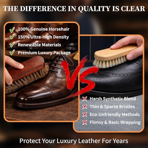 100% 7in Horsehair Shoe Brush Horse Hair Brush for Leather Boots Cleaning Polishing Buffing Shining Professional Shoe Shine Brush for Sneakers Jackets Sofas Bags Furniture Car Seats Leather Care Tool