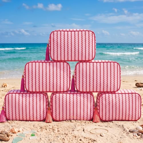 Kacctyen 6 Pack Raspberry Red and Light Pink Striped Makeup Bag bulk with Tassel Travel Cosmetic Pouch Organizer Large Zipper Toiletry Case for Women Aesthetic Storage Pouch Mahjong Tile Bag - color: Raspberry Red and Light Pink