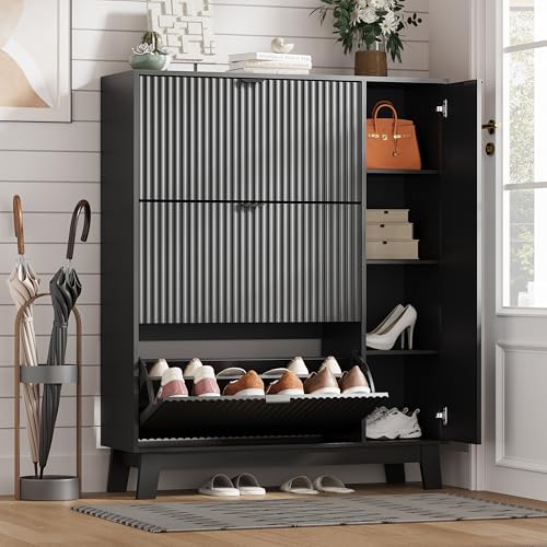 Shoe Cabinet Storage for Entryway with 3 Flip Drawers & Side Cabinet, Fluted Narrow Shoe Organizer with Wooden Leg, Freestanding Shoe Storage Hidden Shoe Rack Organizer for Front Door Entrance, Black - color: Black, size: 3 Drawer with Door