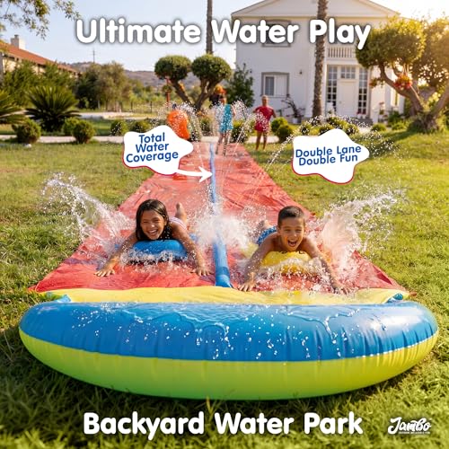 JAMBO 32FT Extra Extra Long Slip Splash and Slide, 2 Bodyboards, Heavy Duty Water Slide with Inflatable Crash Pad, Double Lane Slip Slides, Outdoor Backyard Water Slides n Toys for Kids - color: 32' Multicolor