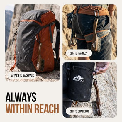 BELLAROCA® Climbing Brush with Rope and Carabiner – Rosewood Handle, Synthetic Bristles, Rock Climbing Brush and Bouldering Brush for Indoor and Outdoor Chalk Removal
