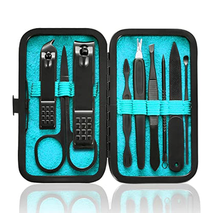 HANTEKAS Manicure Set 9 in 1 Stainless Steel, Nail Clippers Scissors Pedicure Tools Kit - Portable Travel Grooming Kit for Men and Women with Leather Case (Blue-BIG Nail Clipper) - color: Blue-big Nail Clipper