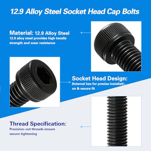 M10-1.5 x 55mm Socket Head Cap Screws, M10x1.5 Bolt, 12.9 Grade Alloy Steel, Allen Socket Drive, Black Oxide Finish, Half Thread, Quantity 6 - size: M10 x 55mm(6PCS)