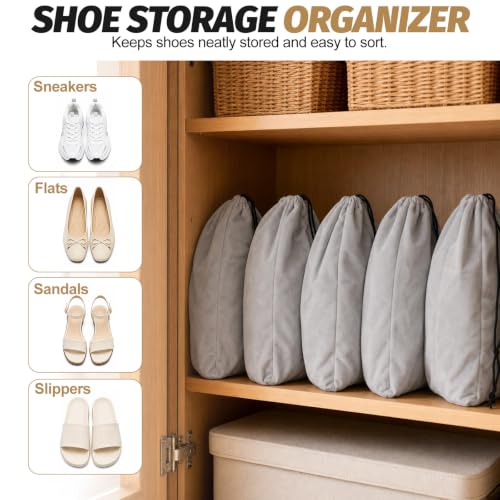 6 Pcs Shoe Bags for Travel Packing, Large Dustproof Shoe Covers With Interior Divider Drawstring for Handbags Sneaker, Washable Soft Flannel Storage Pouch for Traveling Suitcase Gym Closet Organizer