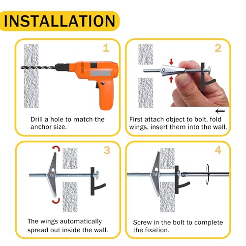Toggle Bolts for Drywall 30 Sets, 3 Sizes Hollow Wall Anchors Kit with Bit | Heavy Duty Carbon Steel Withstands Rust, Wing Nuts Open Behind Wall for Even Hold, Ideal for Ceilings, Shelves & Lights
