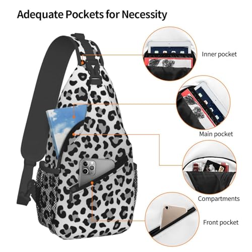 Leopard Print Crossbody Sling Bags for Women Men Abstract Snow Leopard Spots Pattern Travel Sling Backpack Casual Chest Shoulder Bag Cute Wild Animal Skin Texture Gym Sports Hiking Daypack - color: Black Grey