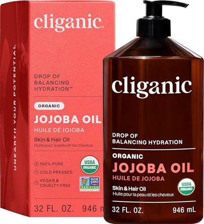 Cliganic Organic Jojoba Oil 32 oz, 100% Pure | Bulk, Natural Cold Pressed Unrefined Hexane Free Oil for Hair & Face - size: 32 Fl Oz (Pack of 1)