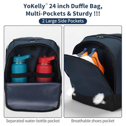 24 inch Large Gym Bag for Men - 65L Hard Bottom Duffle Bag with Shoes Compartment for Sport/Travel - Navy Blue - color: Navy Blue
