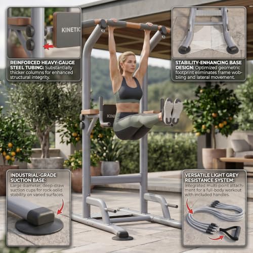 Multi-Function Power Tower Pull Up Bar Station with Pilates Resistance Bands, 450LBS Stable Pull Up Dip Station with Push Up Handles for Home Gym Strength Training Equipment - color: Stealth Grey - Beast Mode All-in-One