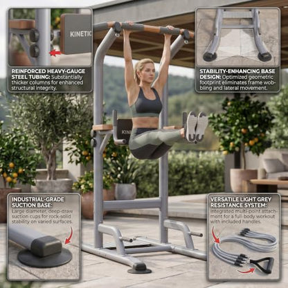 Multi-Function Power Tower Pull Up Bar Station with Pilates Resistance Bands, 450LBS Stable Pull Up Dip Station with Push Up Handles for Home Gym Strength Training Equipment - color: Stealth Grey - Beast Mode All-in-One