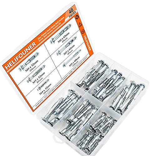 HELIFOUNER Hollow Wall Anchor Screws Set, 6 Sizes Heavy Duty Zinc Plated Steel Molly Bolt Hollow Drive Wall Anchor Screws Assortment Kit for Drywall, Plaster and Tile, 48 PCS