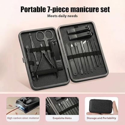Manicure Kit for Women Men-Manicure Set with Case, Nail Clippers, Portable Nail Care Kit for Travel Home Personal Grooming（Black 16 in 1） - color: Black