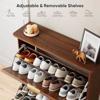 Walnut Hidden Shoe Storage Cabinet,Narrow Shoe Rack Cabinet with 3 Flip Drawers,Freestanding Shoe Organizer for Entryway