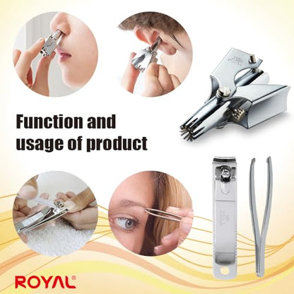ROYAL [Made in Korea] Nose Hair Trimmer for Men Set, Birdie Set, with Nail Clippers and Tweezers, Manual, Battery-Free, Waterproof, Painless with Twelve Dual-Edged Blades, Patented Mechanism RET-4 - color: Silver Set