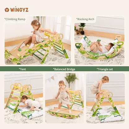 WINGYZ Pikler Triangle Set, Montessori 8-in-1 Foldable Climbing Set | Reversible Animal Slide, Patent-Protected Jungle Gym, Safe 2.35in Gap, ASTM F963 Standards for Toddlers 18M-5Y, Green - color: Green