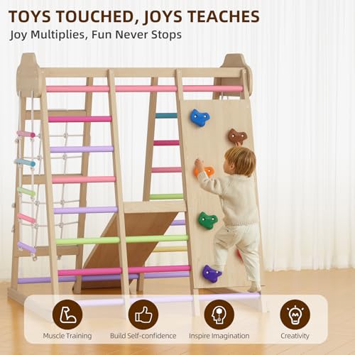 9 in 1 Indoor Playground for Kids, Montessori Wooden Toddler Jungle Gym Indoor with Slide, Swing, Rope Ladder, Climbing Net, Rock Wall and DIY Name Stickers, Playground Playset for Boys and Girls