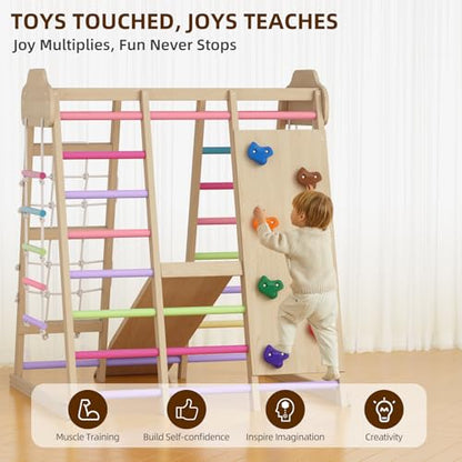 9 in 1 Indoor Playground for Kids, Montessori Wooden Toddler Jungle Gym Indoor with Slide, Swing, Rope Ladder, Climbing Net, Rock Wall and DIY Name Stickers, Playground Playset for Boys and Girls