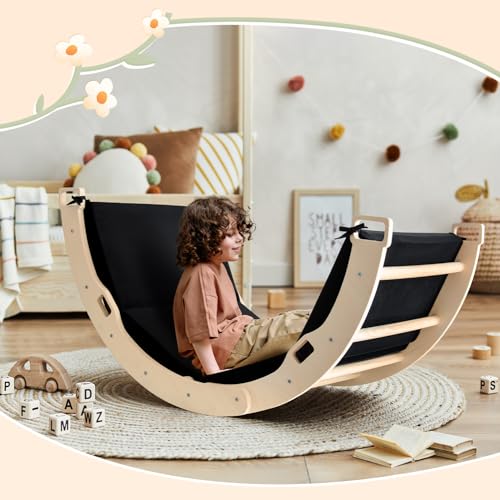Kids Climber Arch Rocker with Cushion, Montessori Climber Climbing Toys | Arch Climber Wooden Indoor Playground with Cushion for Kids, Large Children Arch Climbing for Toddler Indoor Black
