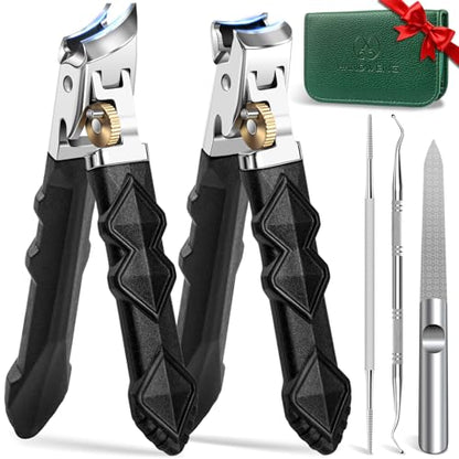 Toenail Clippers for Thick Nails, Nail Clippers Set, 5pcs with Leather Case | Toe Nail Clippers for Thick Nails for Seniors | Long Handled Nail clippers for Men | Sharp Slanted Ingrown Toenail Clippers
