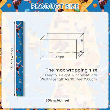 Liobelon Rock Climbing Wrapping Paper Roll – 17" x 16.5 Ft Climbing Gear Gift Wrap with Climbers, Carabiner, Rope & Chalk Bag, Bouldering Birthday Supplies for Outdoor Adventurers - color: Rock Climbing