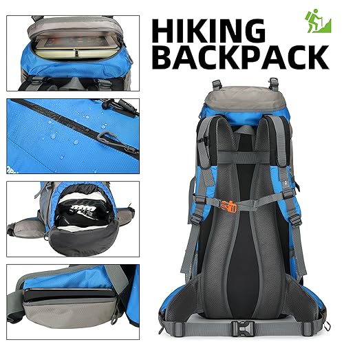 70L Camping Hiking Backpack with Rain Cover Waterproof Backpacking Backpack for Hiking Treeking Climbing Outdoor - color: Blue