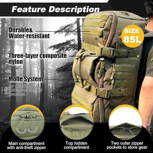 3 In 1 Tactical 85L Military Backpack Travel Duffle Bag for Weekender Gym Workout Deployment - color: Green