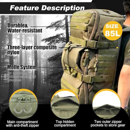3 In 1 Tactical 85L Military Backpack Travel Duffle Bag for Weekender Gym Workout Deployment - color: Green