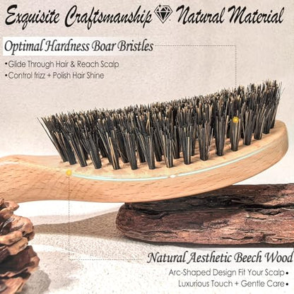 100% Boar Bristle Hair Brush for Thin Fine Hair, Shine & Frizz Control | Handmade Wooden Slick Back Brush Gently Smooth Polish Dry Damaged Hair for Women & Men, Minimize Flyaways, Reduce Breakage