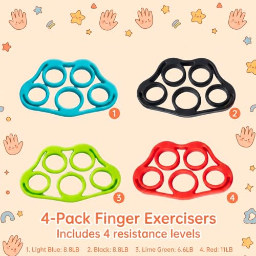 4PCS Finger Exerciser, Grip Strength Trainer and Finger Strengthener with Four Resistance Levels, Progressive Hand Training for Athletes Five Finger Training Puller with Extension Bands