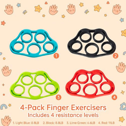 4PCS Finger Exerciser, Grip Strength Trainer and Finger Strengthener with Four Resistance Levels, Progressive Hand Training for Athletes Five Finger Training Puller with Extension Bands