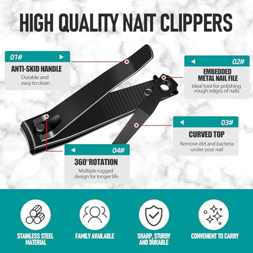 firiKer 2PCS Nail Clippers Set, Heavy Duty Black Matte Stainless Steel Nail Clipper with Nail File, Ultra Sharp Fingernail and Toenail Clipper Cutters,Clipper Tools for Men & Women - color: Black