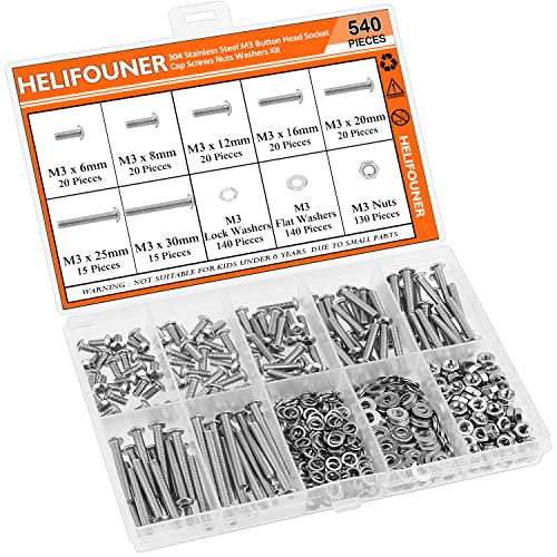 HELIFOUNER 540 Pieces M3 x 6mm /8mm /12mm /16mm /20mm /25mm /30mm, Button Head Socket Cap Screws Bolts Washers Nuts Kit, 304 Stainless Steel - size: M3, style: Button Head Screws
