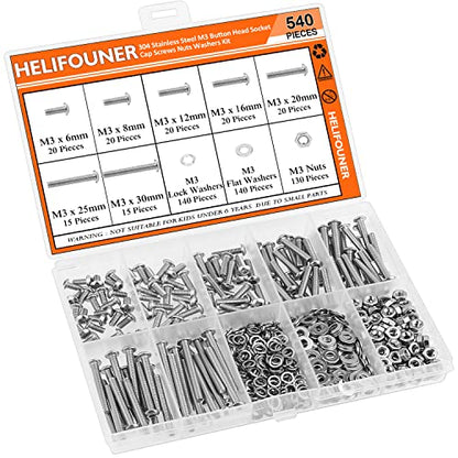 HELIFOUNER 540 Pieces M3 x 6mm /8mm /12mm /16mm /20mm /25mm /30mm, Button Head Socket Cap Screws Bolts Washers Nuts Kit, 304 Stainless Steel - size: M3, style: Button Head Screws