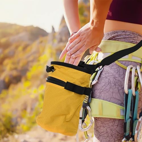 Climbing Chalk Bag with Anti-Leak Drawstring, 420D Oxford Magnesium Powder Pouch, for Rock Climbing Bouldering Weightlifting Gymnastics, Includes Phone Pocket(Yellow) - size: Yellow