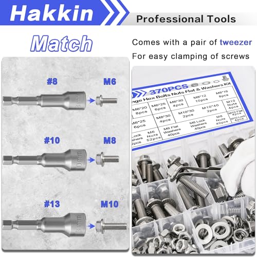 370PCS Metric Flange Bolt Assortment, M6x1.0, M8x1.25, M10x1.5 (12mm to 40mm) Hex Head Bolts and Nuts Assortment, Stainless Steel 304 Flange Bolts Nuts Washers Kit Hakkin, Hex Socket Included - size: Set 13: M6 M8 M10