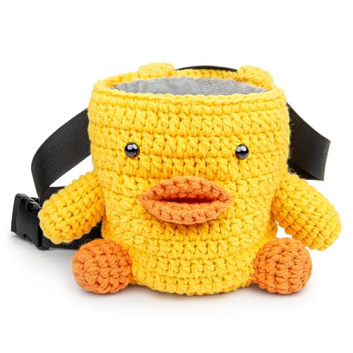 Handmade Crochet Rock Climbing Chalk Bag, Fun Plush Animal Chalk Pouch with Drawstring, Adjustable Waist Belt for Indoor Outdoor Bouldering Sport Climbing - style: Yellow Duck